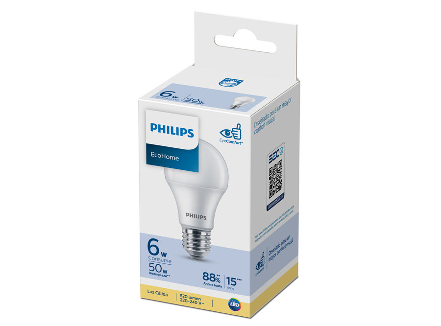  AMPOLLETA LED 6W ECOHOME LUZ CALIDA 3000K PHILIPS 