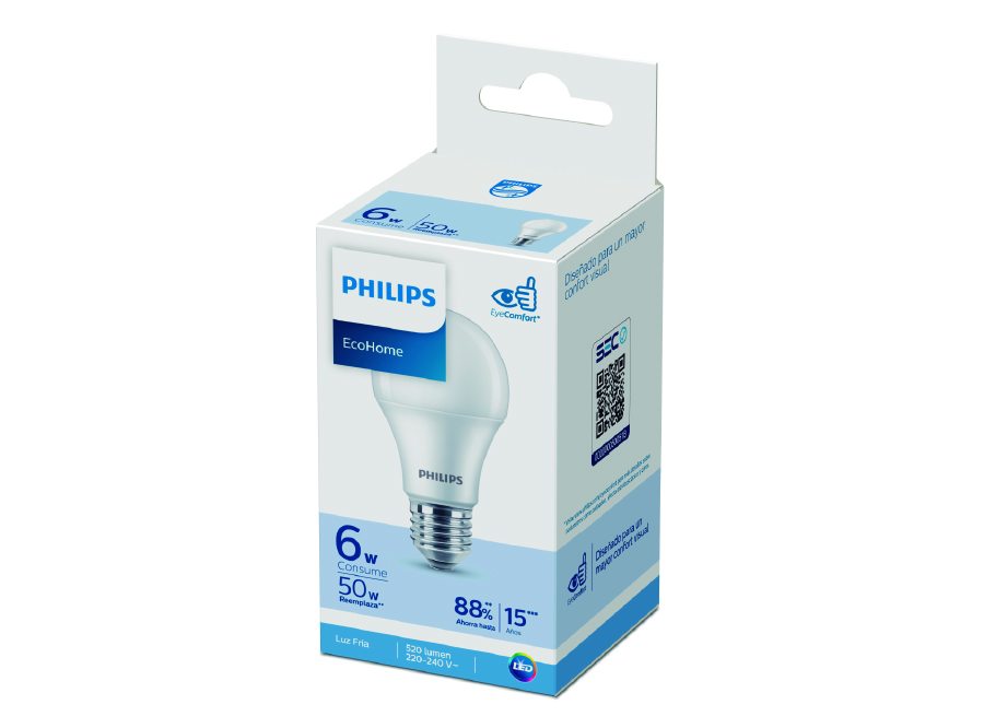  AMPOLLETA LED 6W ECOHOME LUZ FRIA 6500KVH PHILIIPS 