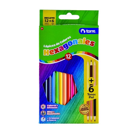  LAPIZ COLOR 12UN. LARGO HEXA. + 6 TONOS PIEL TORRE 
