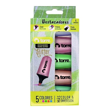  DESTACADOR PASTEL GLITTER MINI X 5 UND TORRE 