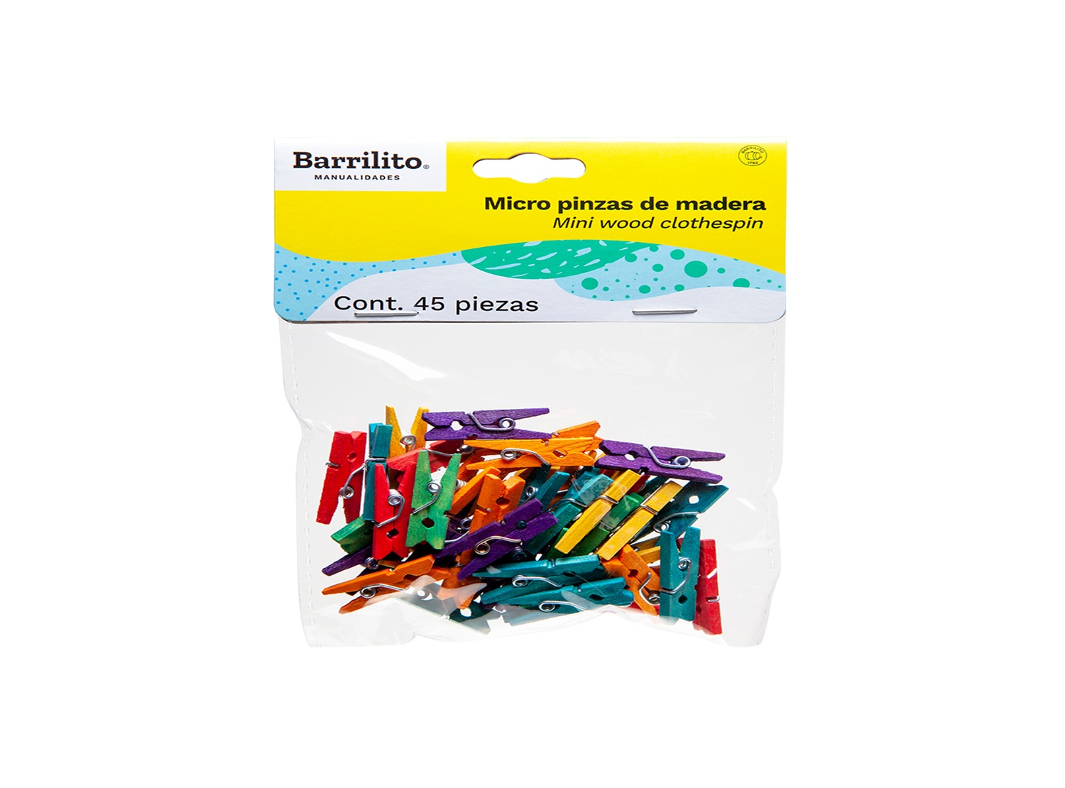  MANUALIDADES MINI PINZAS COLORES PQT X 45 UND BARR 