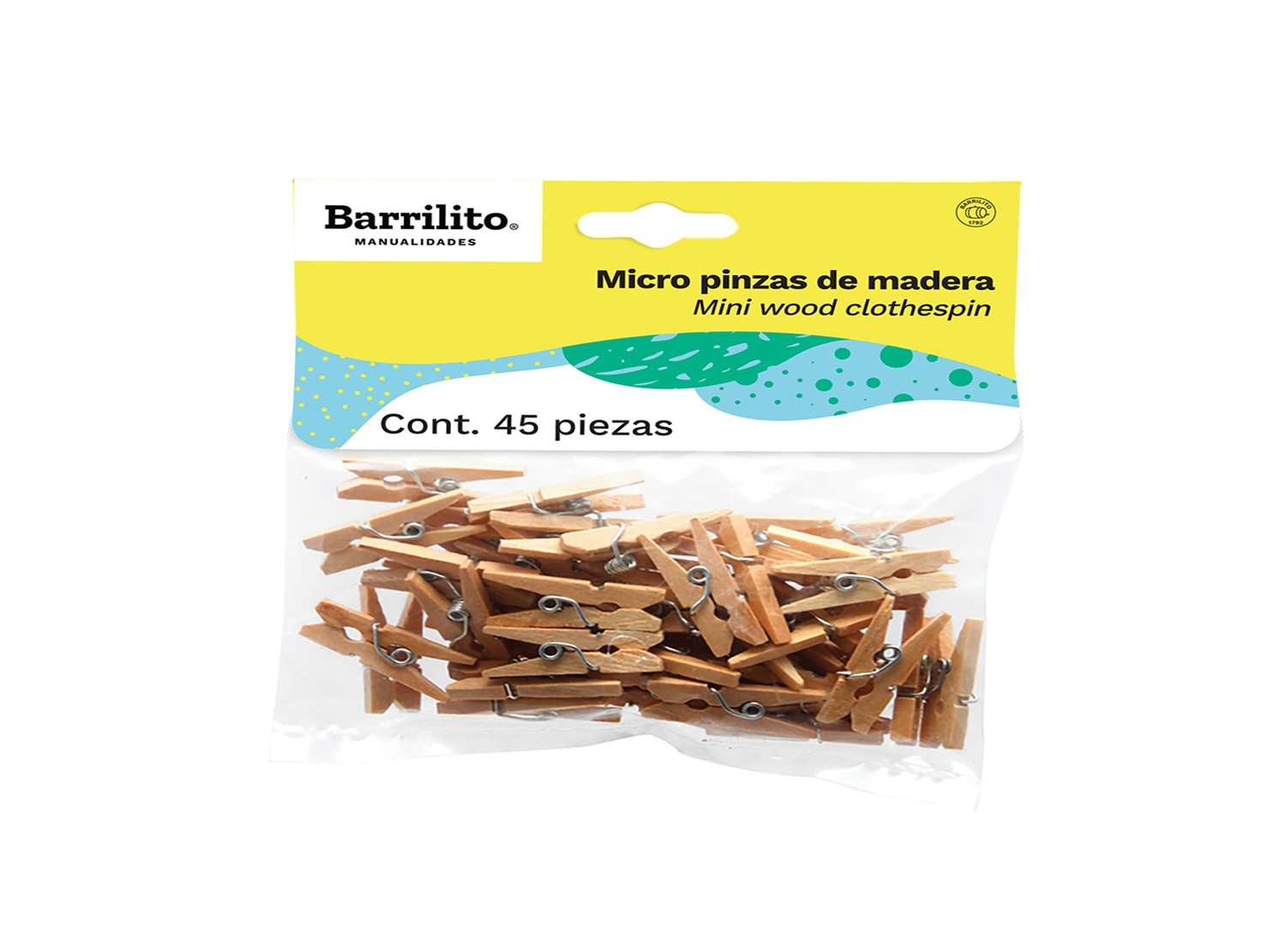  MANUALIDADES MINI PINZAS NATURAL PQT X 45 UND BARR 